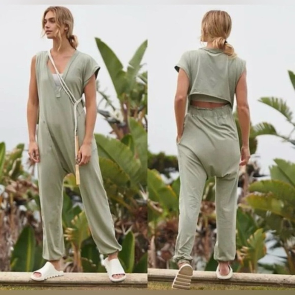 NWT Free People Movement S Hot Shot V-Neck Onesie in Light Green Jumpsuit $88